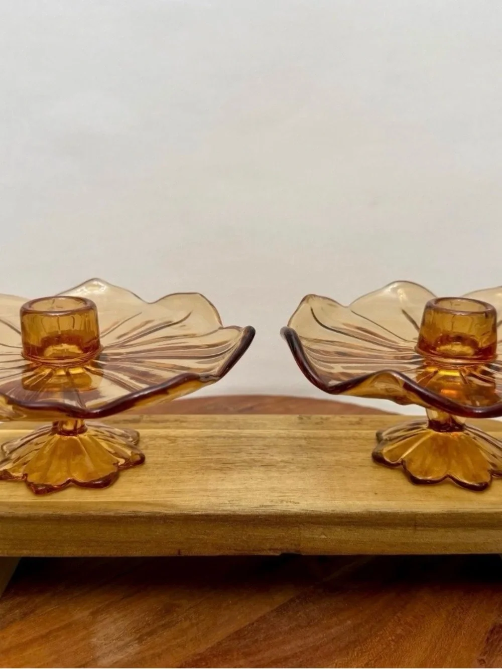 Amber Glass Flower Candle Holders — Pair
